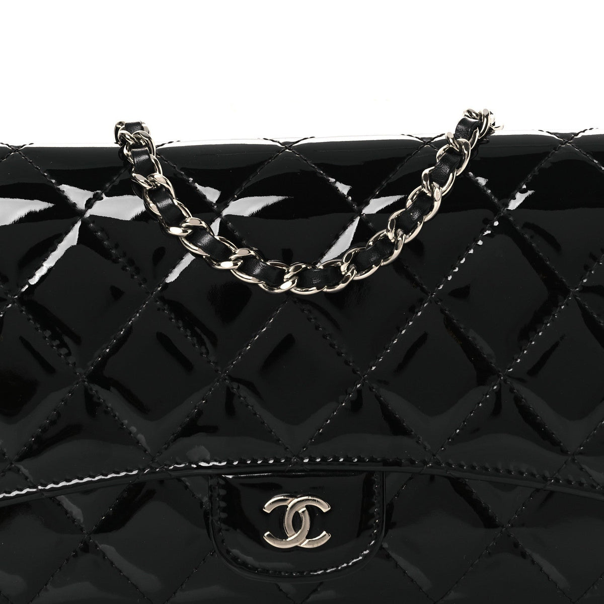 Patent Quilted Wallet On Removable Chain WOC Black