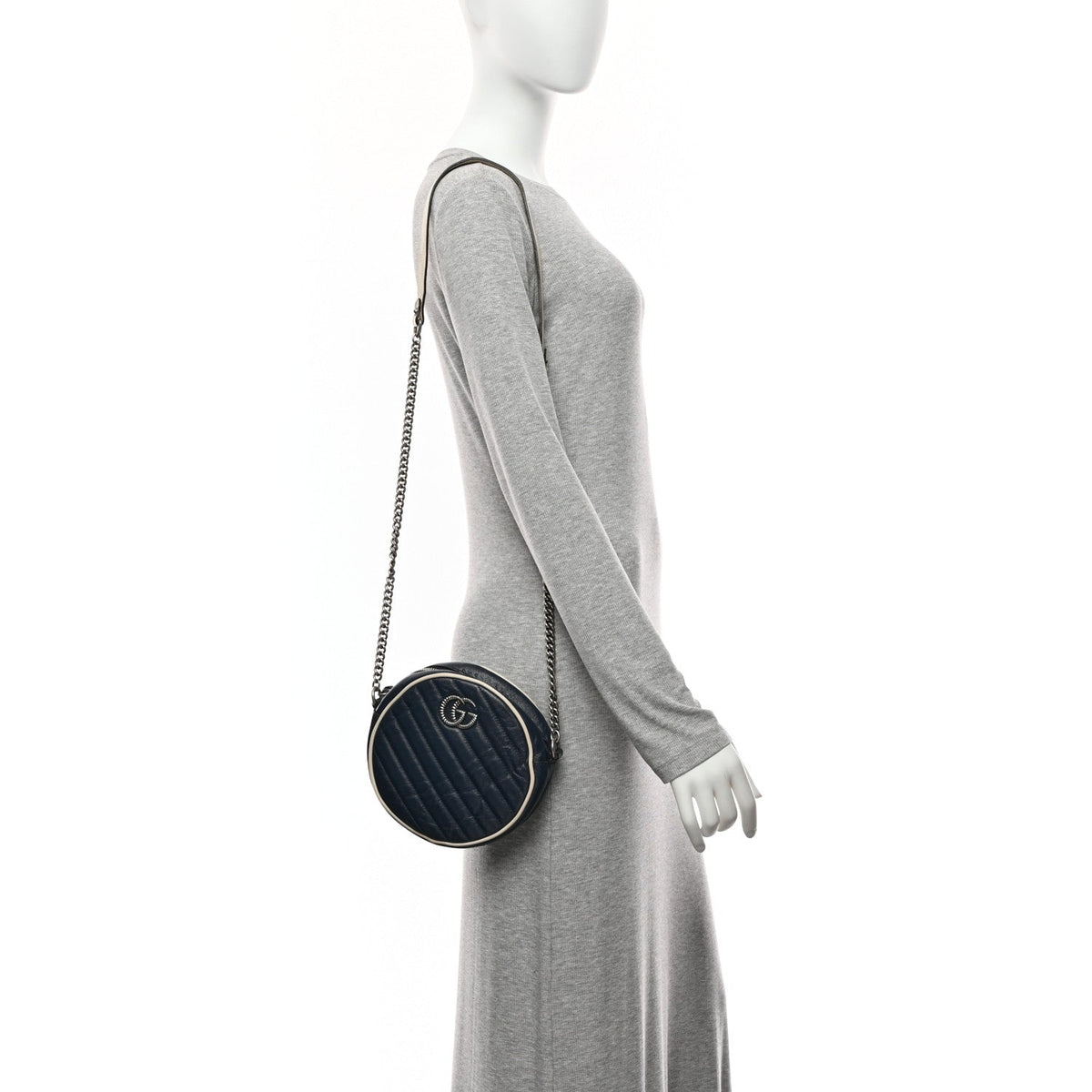 Azalea Calfskin Matelasse Diagonal Mini Torchon GG Marmont Round Shoulder Bag Blue Agata Mystic White