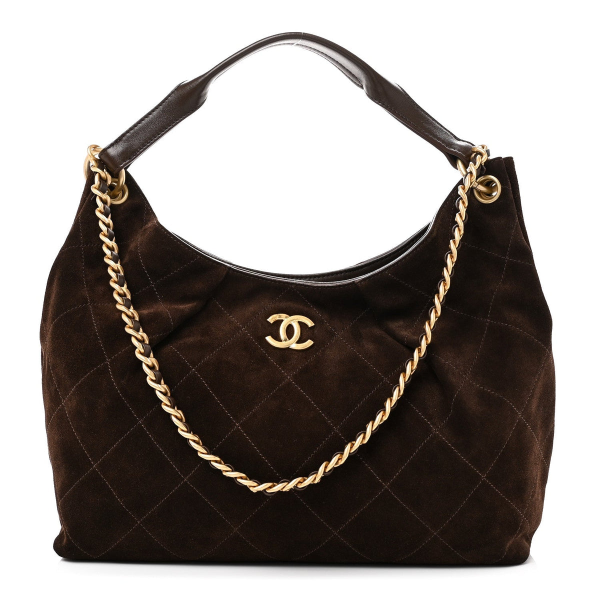 Suede Calfskin Lambskin Quilted Maxi Hobo Dark Brown