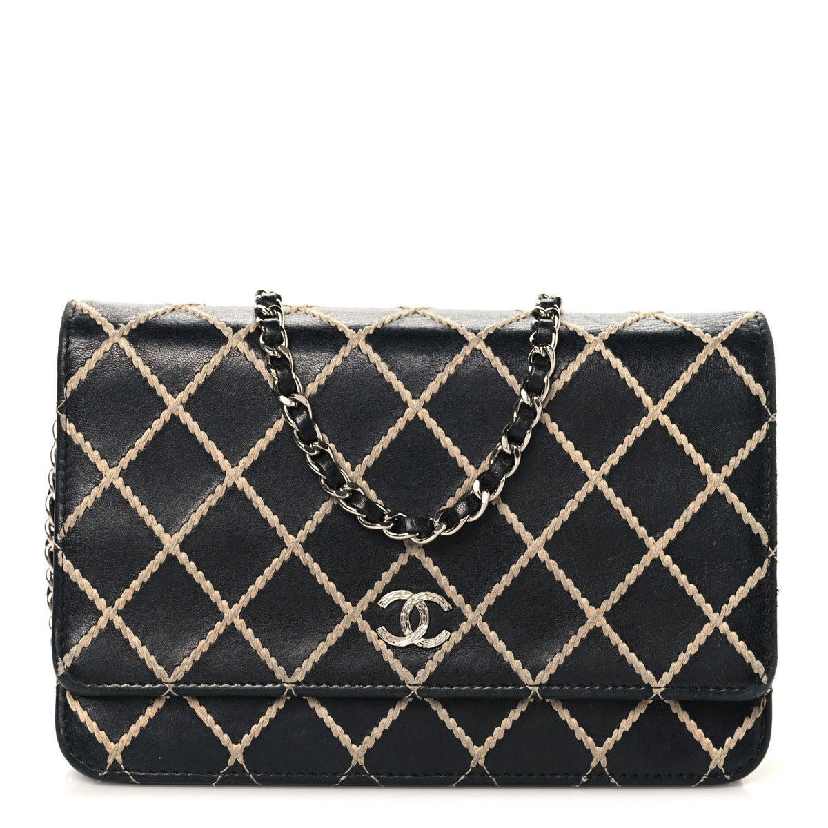 Calfskin Diamond Stitch Wallet On Chain WOC Black