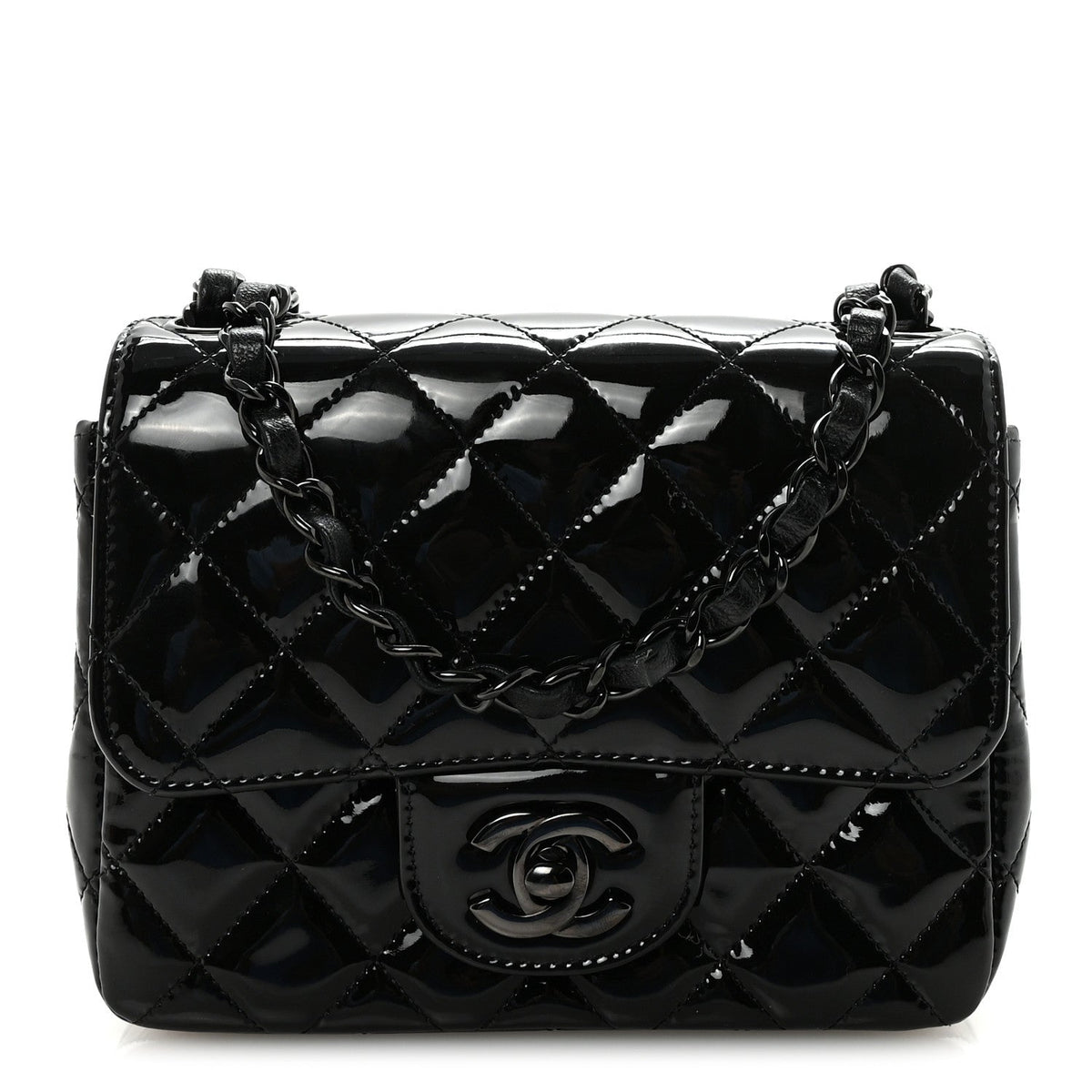Patent Calfskin Quilted Mini Square Flap So Black