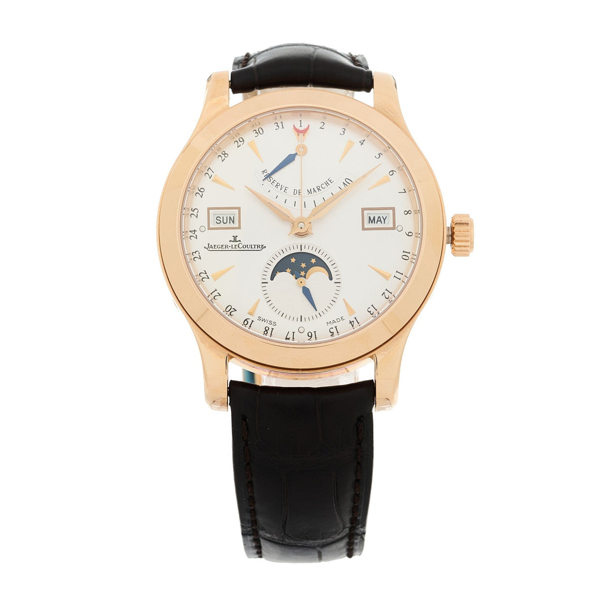 18K Rose Gold Alligator 37mm Master Calendar Moon Phase Automatic Watch Silver Q151242A