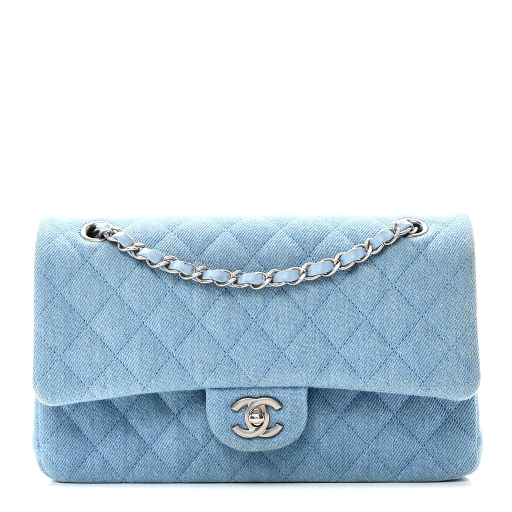 Denim Quilted Medium Double Flap Light Blue