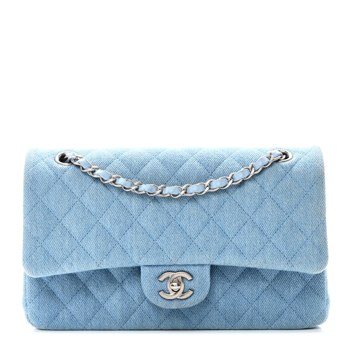 Denim Quilted Medium Double Flap Light Blue