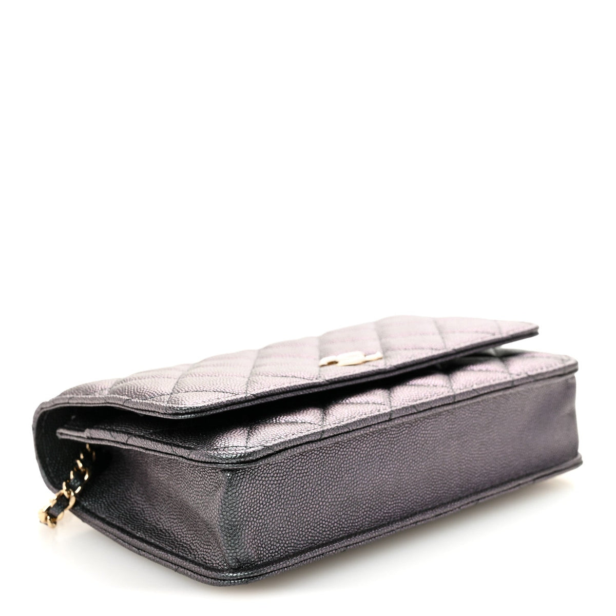 Iridescent Caviar Quilted Wallet On Chain WOC Green