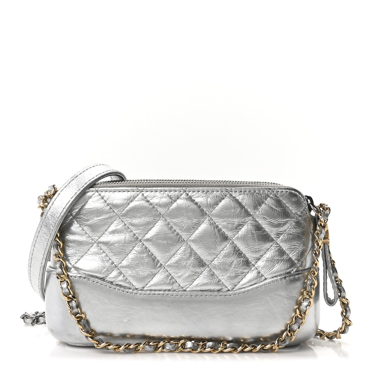 Metallic Lambskin Calfskin Quilted Small Gabrielle Clutch With Chain Silver