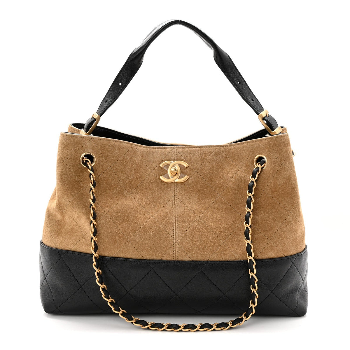 Suede Calfskin Shiny Lambskin Quilted Small Coco Base Shopping Bag Beige Black