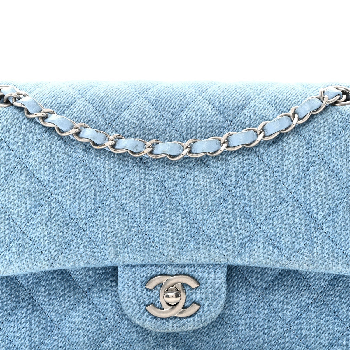 Denim Quilted Medium Double Flap Light Blue