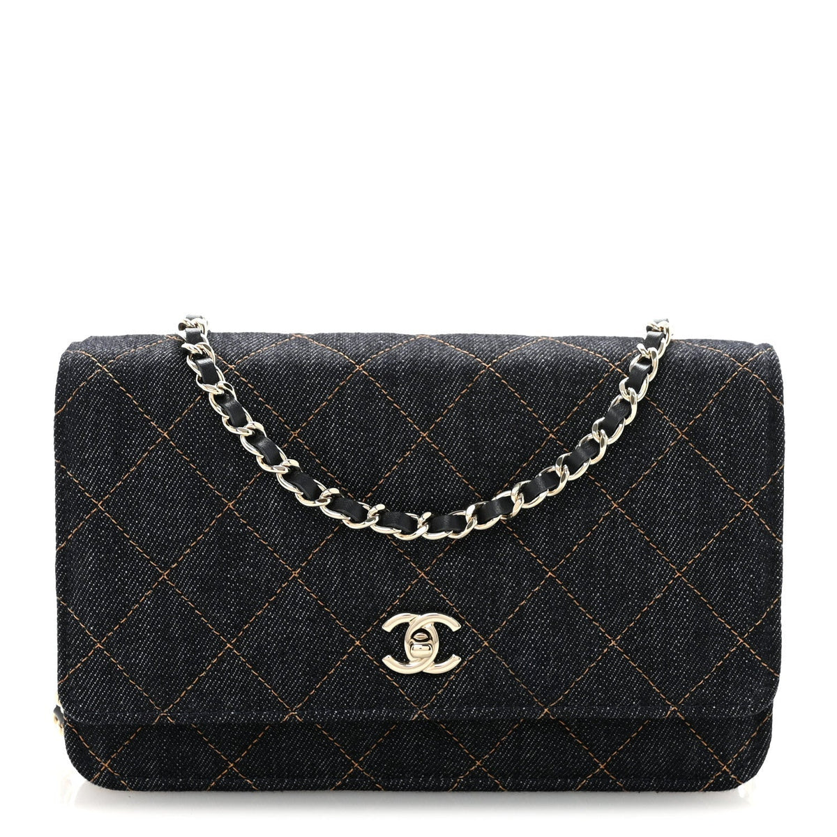 Denim Quilted CC Turnlock Wallet On Chain WOC Dark Blue Orange