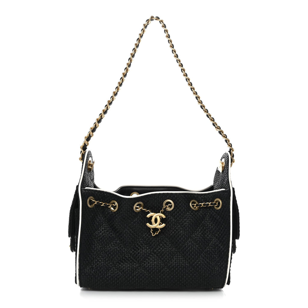 Braided Raffia Calfskin Quilted Mini Chanel 25 Handbag Black White
