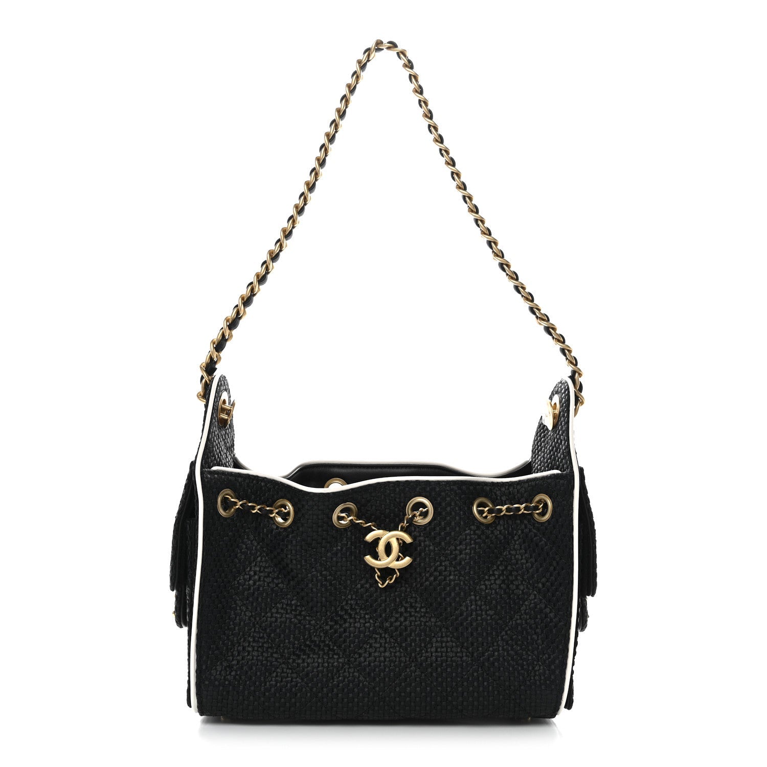 Braided Raffia Calfskin Quilted Mini Chanel 25 Handbag Black White
