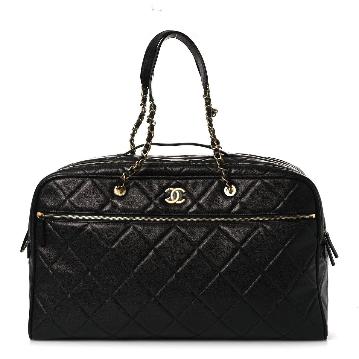 Shiny Grained Calfskin Quilted Large Travel Bowling Bag Black