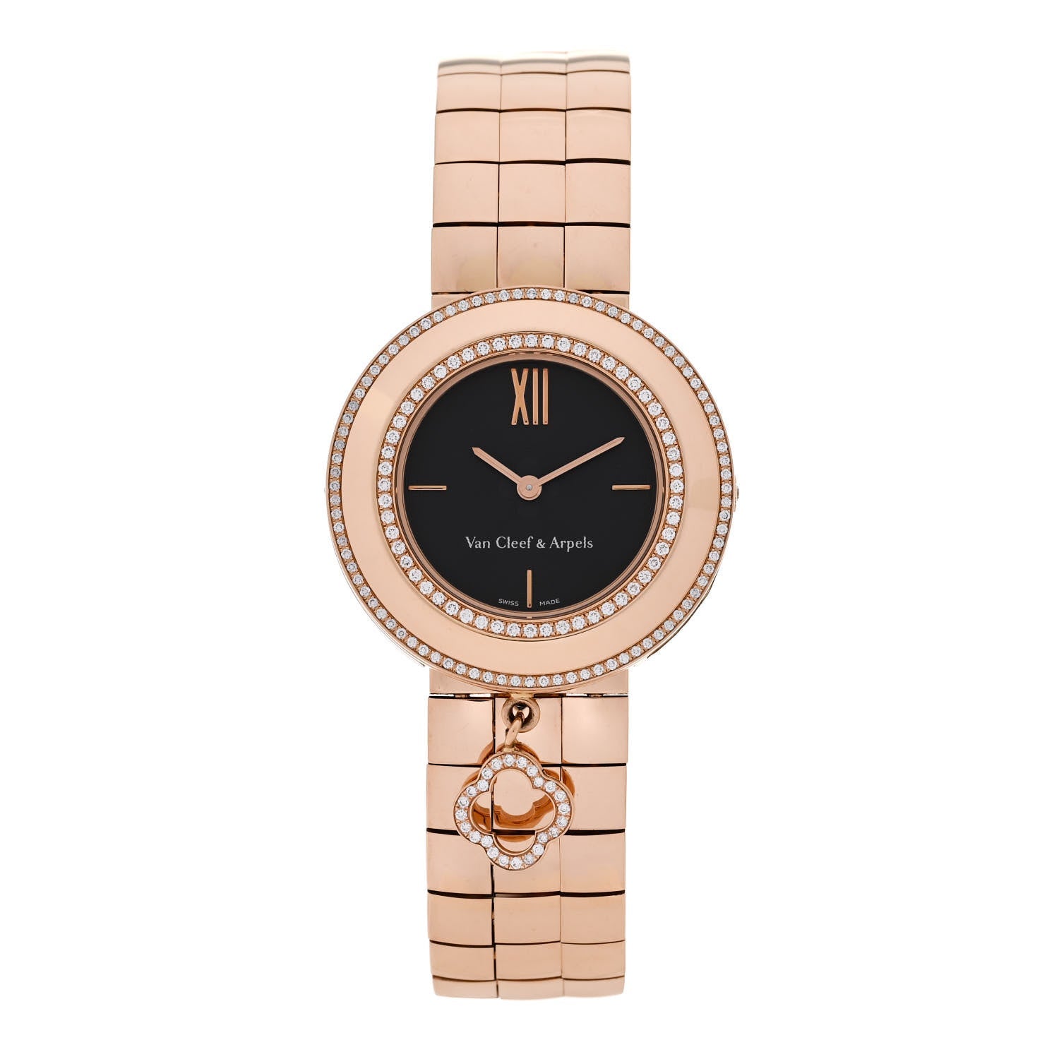 18K Rose Gold Diamond Bezel 32mm Charms Quartz Watch Black