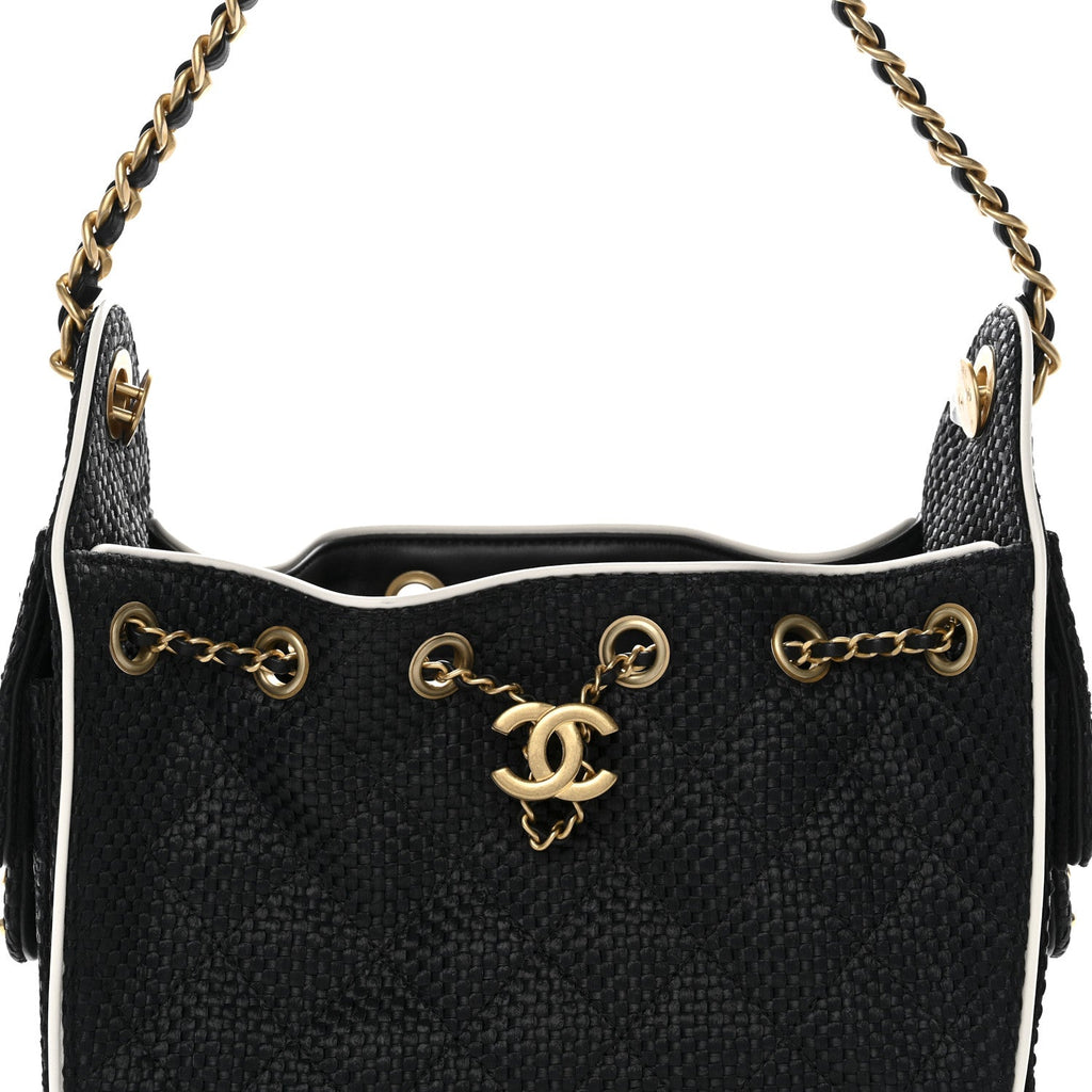 Braided Raffia Calfskin Quilted Mini Chanel 25 Handbag Black White