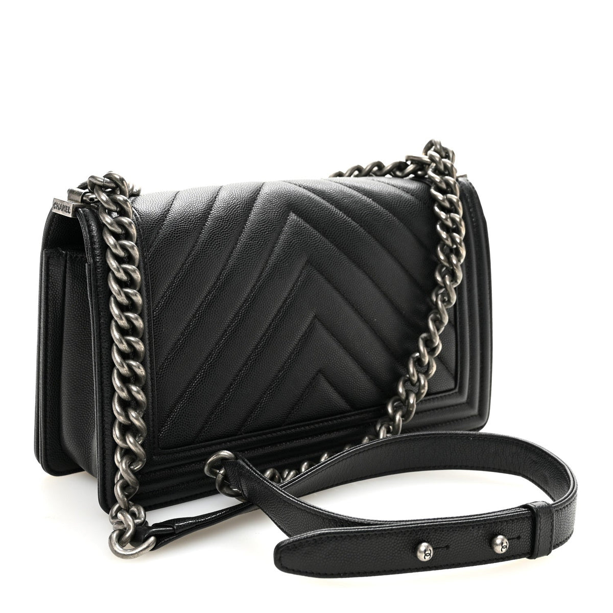 Caviar Chevron Quilted Medium Boy Flap Black