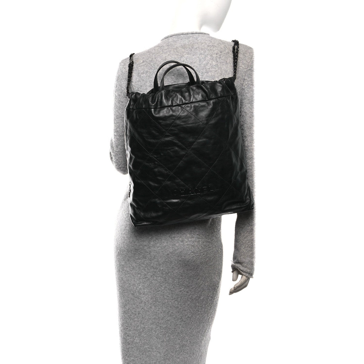 Shiny Calfskin Quilted Chanel 22 Backpack So Black