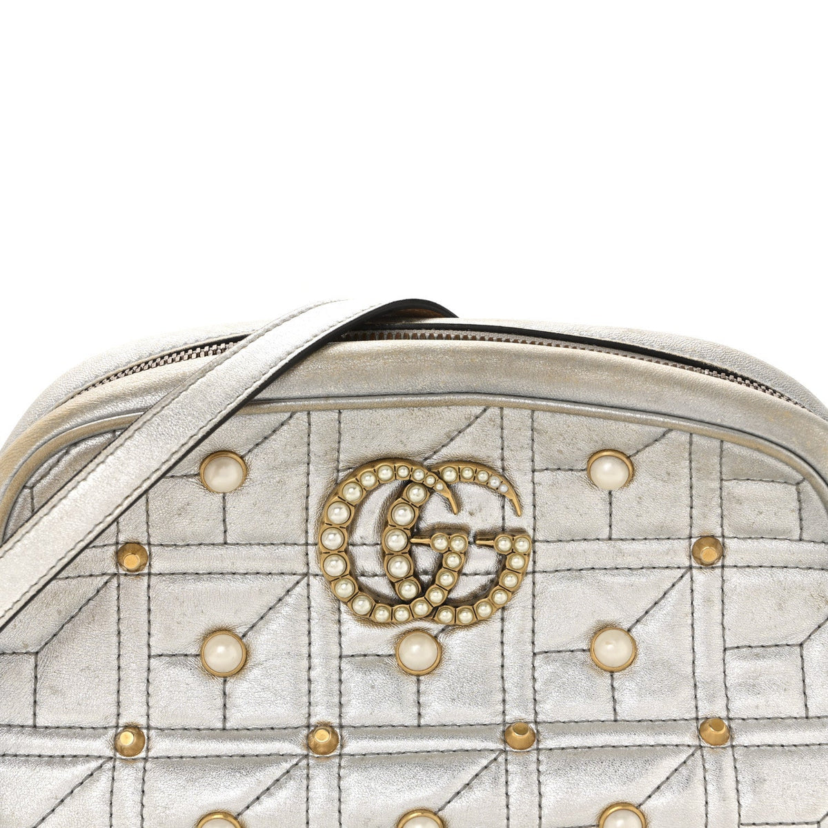 Metallic Calfskin Matelasse Studded Small Pearly GG Marmont Chain Shoulder Bag Silver