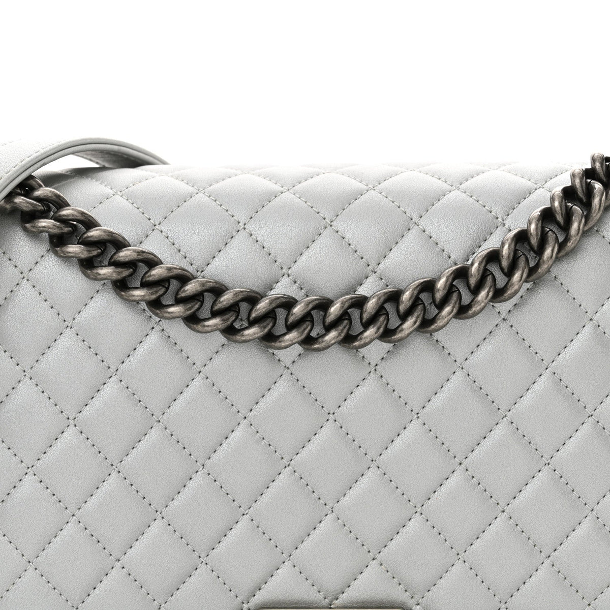 Metallic Calfskin Quilted New Medium Plexiglass Boy Flap Silver