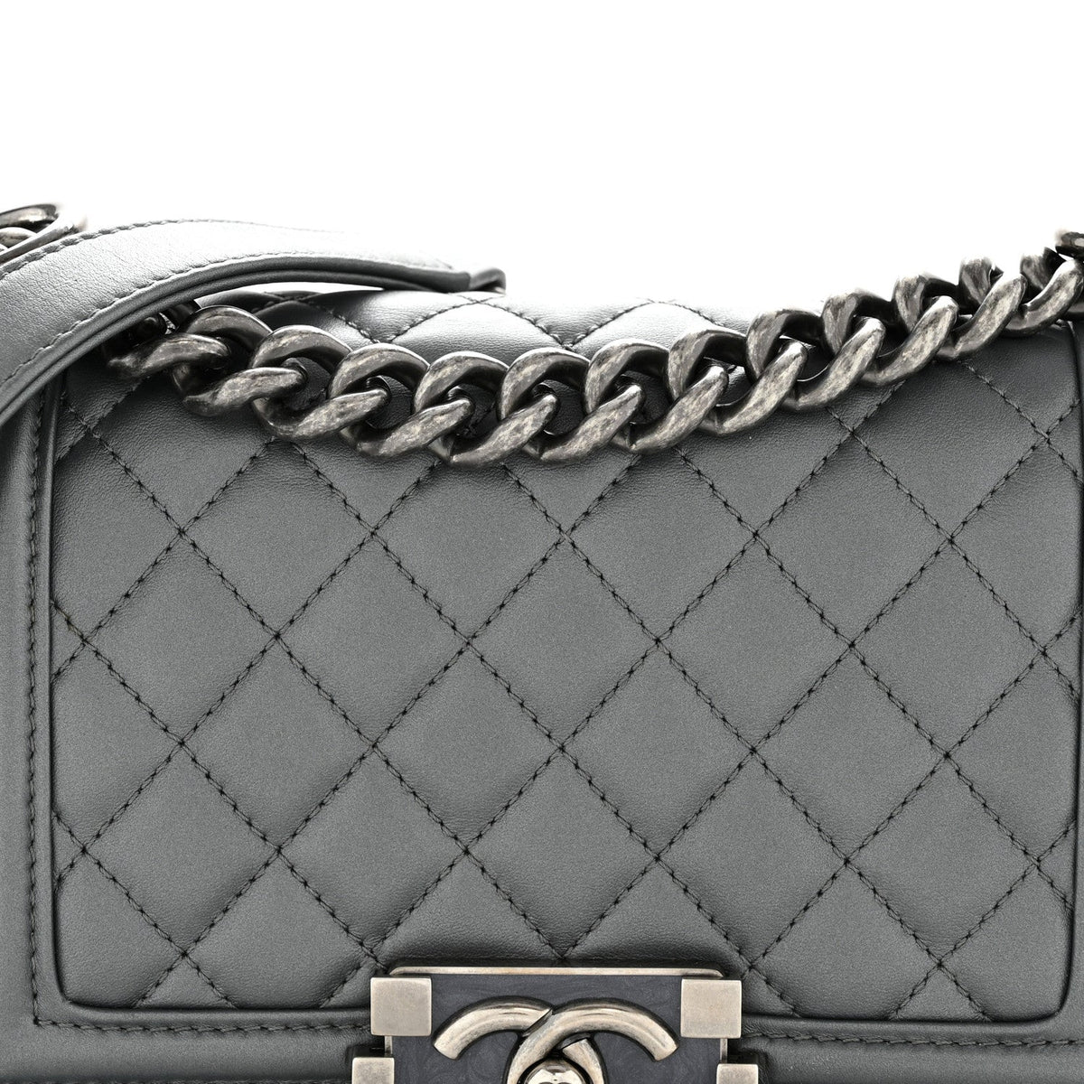 Metallic Calfskin Quilted Small Boy Flap Dark Silver