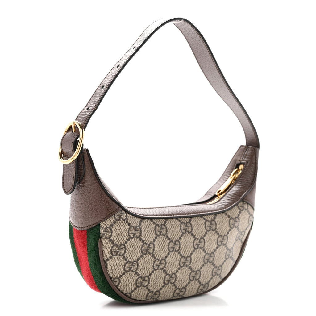 GG Supreme Monogram Textured Calfskin Web Mini Ophidia Half Moon Hobo Beige Ebony New Acero