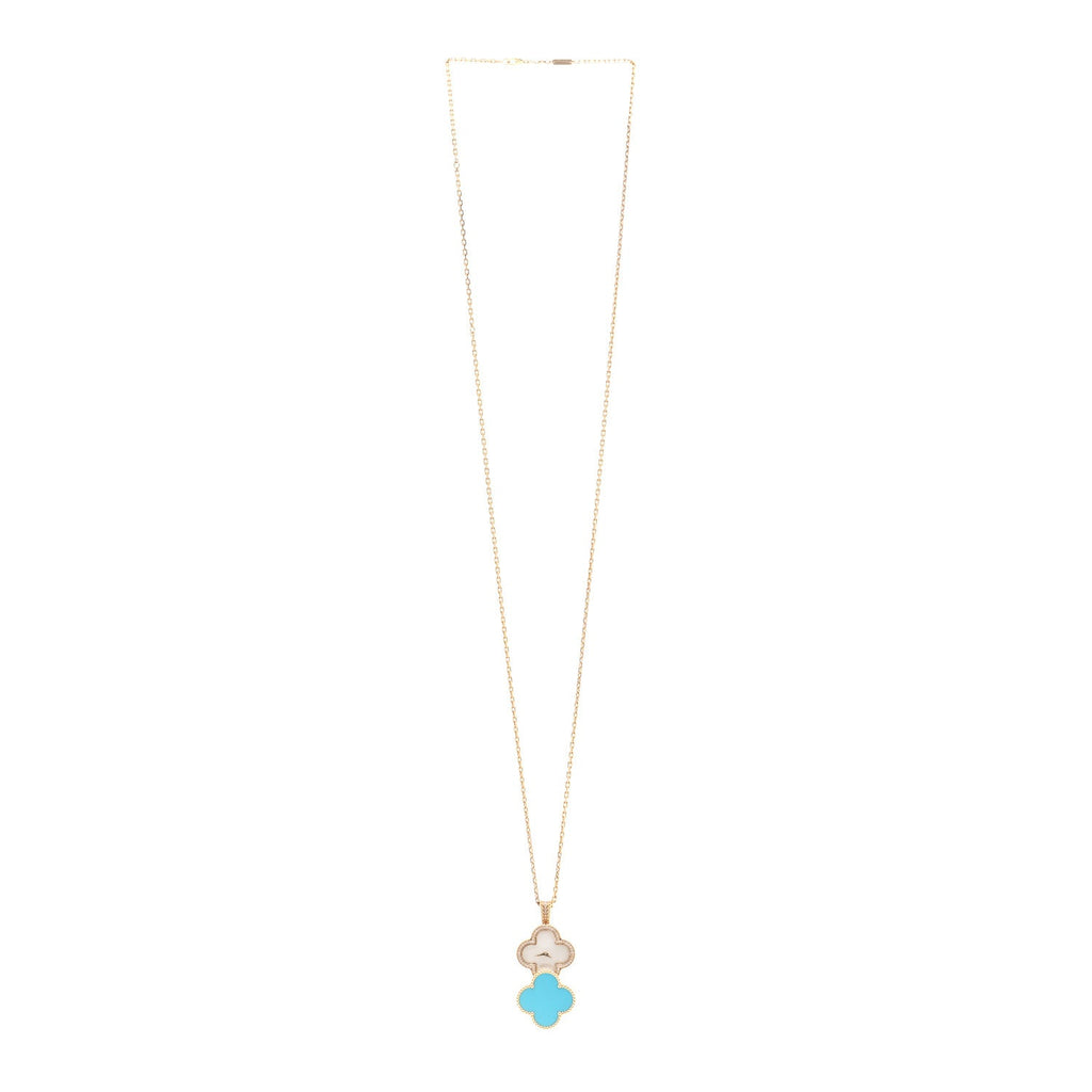 18K Yellow Gold Diamond Turquoise Mother of Pearl 28mm Alhambra Secret Pendant Quartz Watch