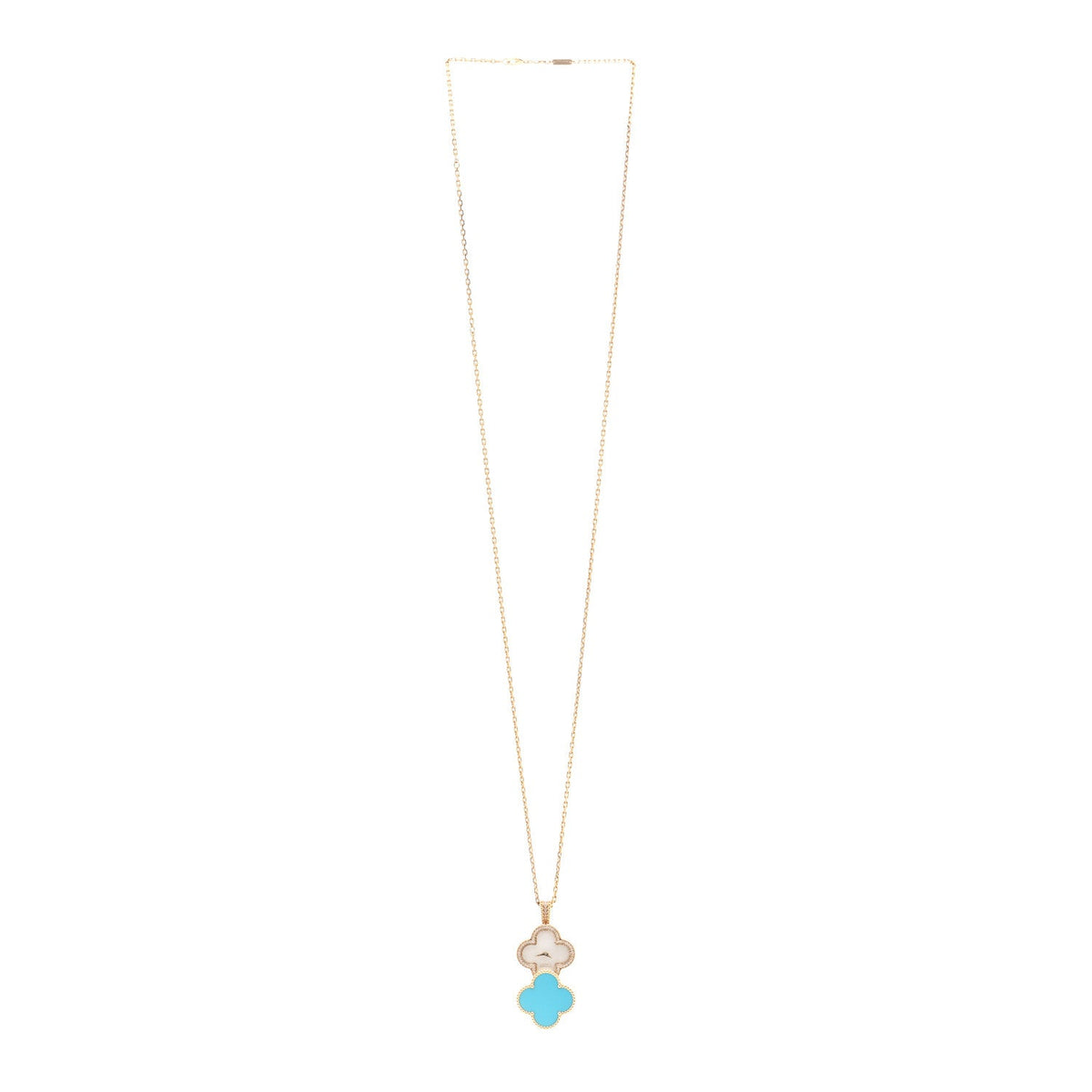 18K Yellow Gold Diamond Turquoise Mother of Pearl 28mm Alhambra Secret Pendant Quartz Watch