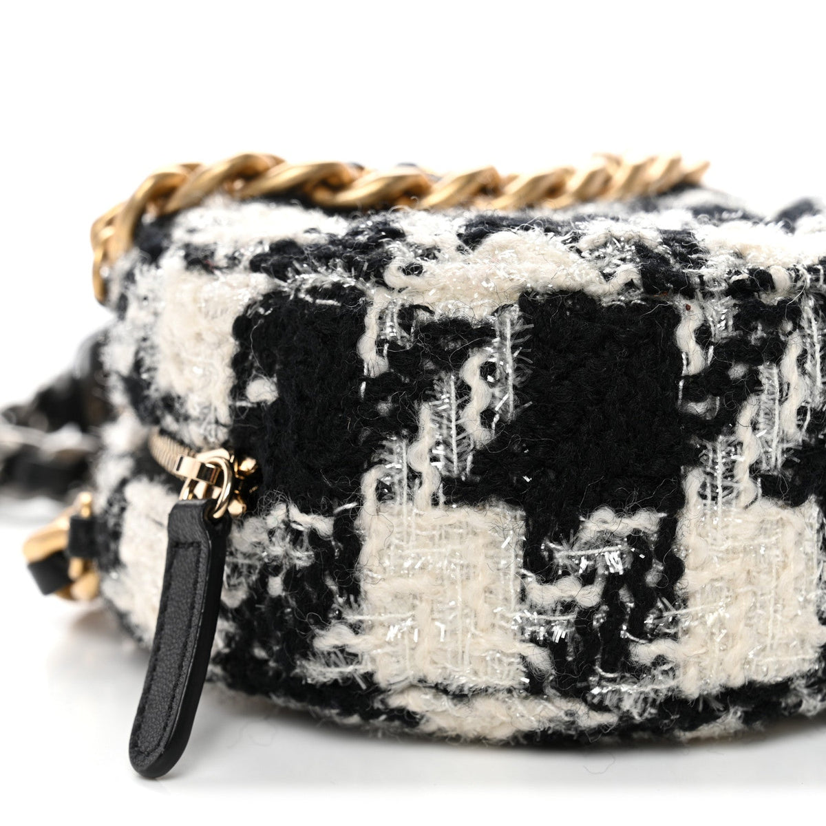 Wool Tweed Lambskin Quilted Chanel 19 Round Clutch With Chain and Coin Purse Black White