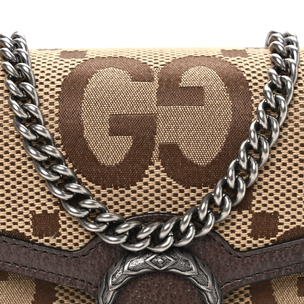 Monogram Jumbo GG Textured Dollar Calfskin Mini Dionysus Chain Wallet Camel Ebony New Acero