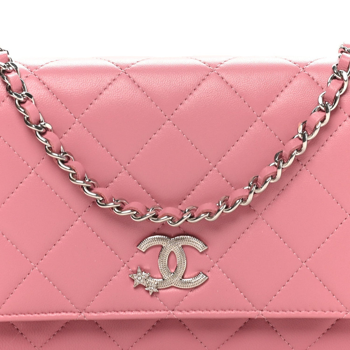 Lambskin Quilted Crystal Star Wallet On Chain WOC Pink