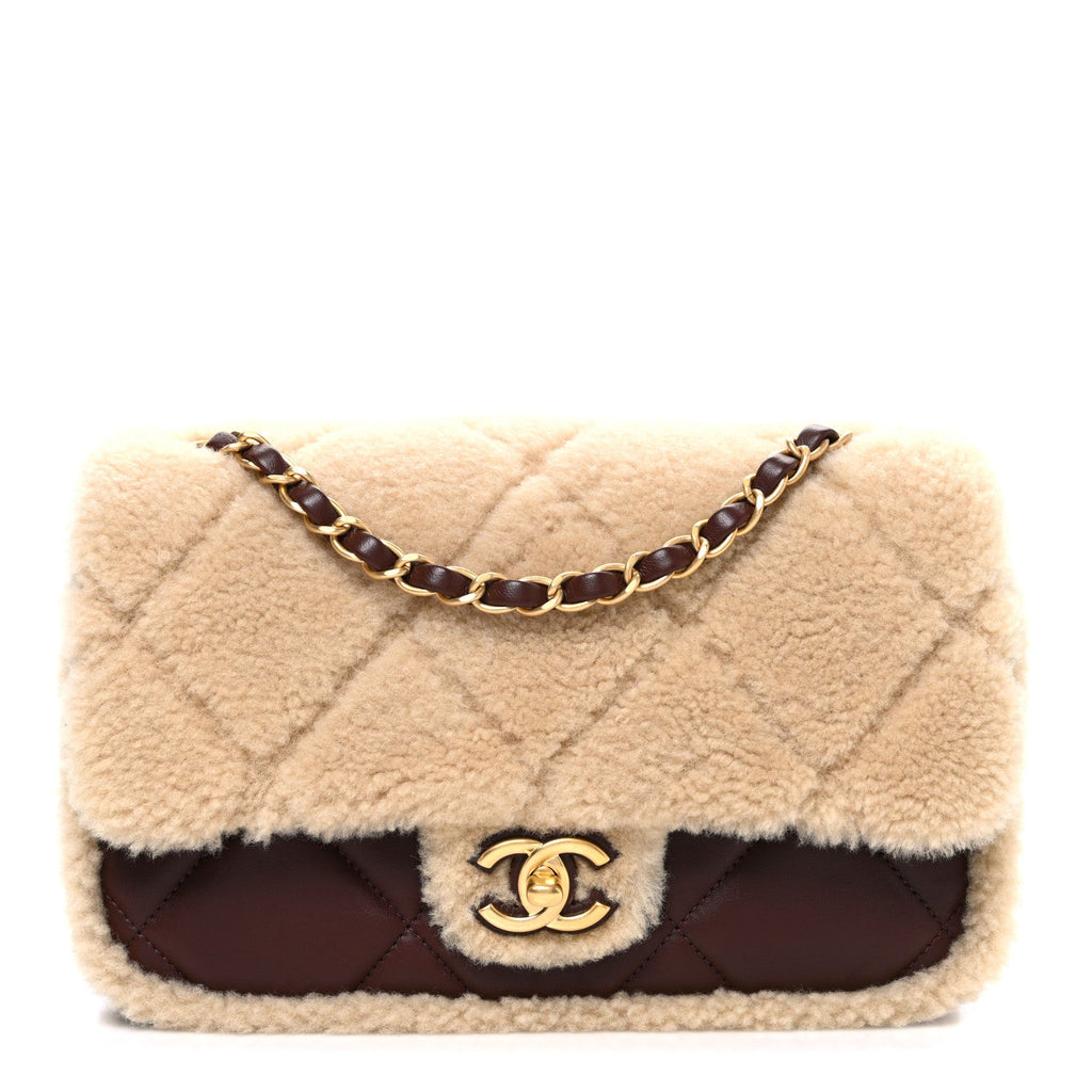 Shearling Lambskin Quilted Furry Coco Flap Dark Brown Beige