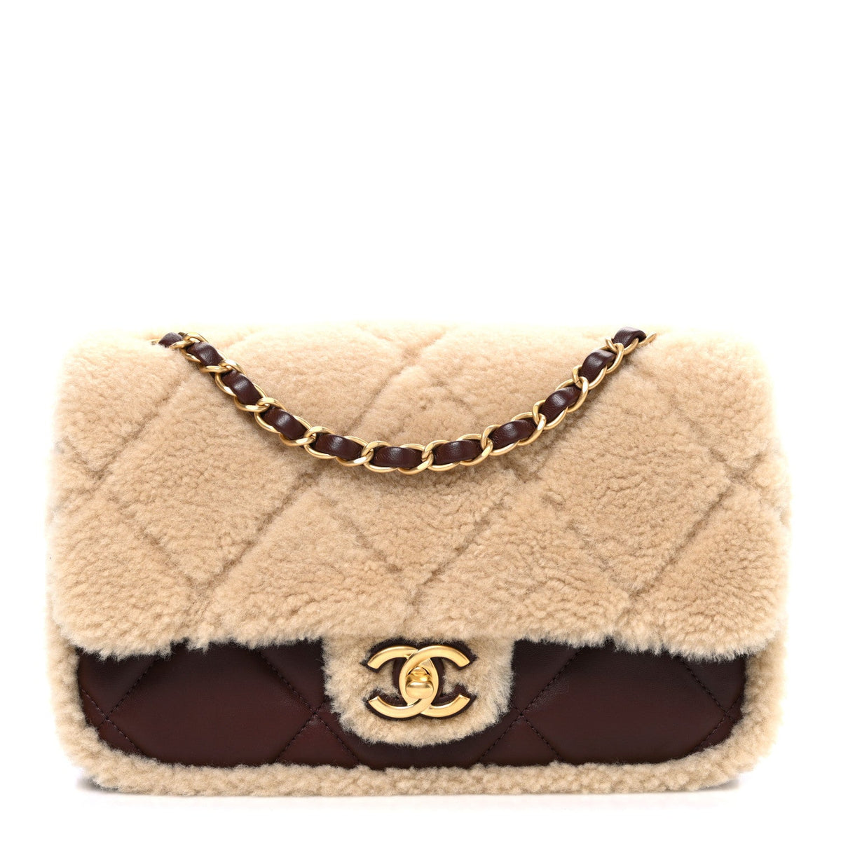 Shearling Lambskin Quilted Furry Coco Flap Dark Brown Beige