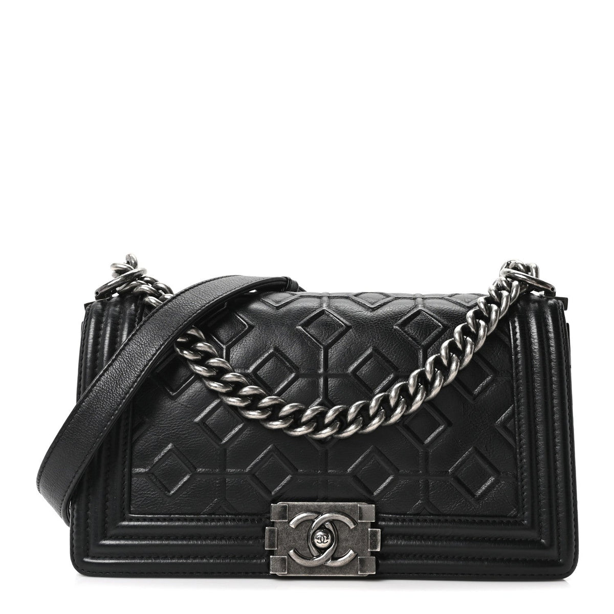 Calfskin Crystal Embossed Medium Boy Flap Black