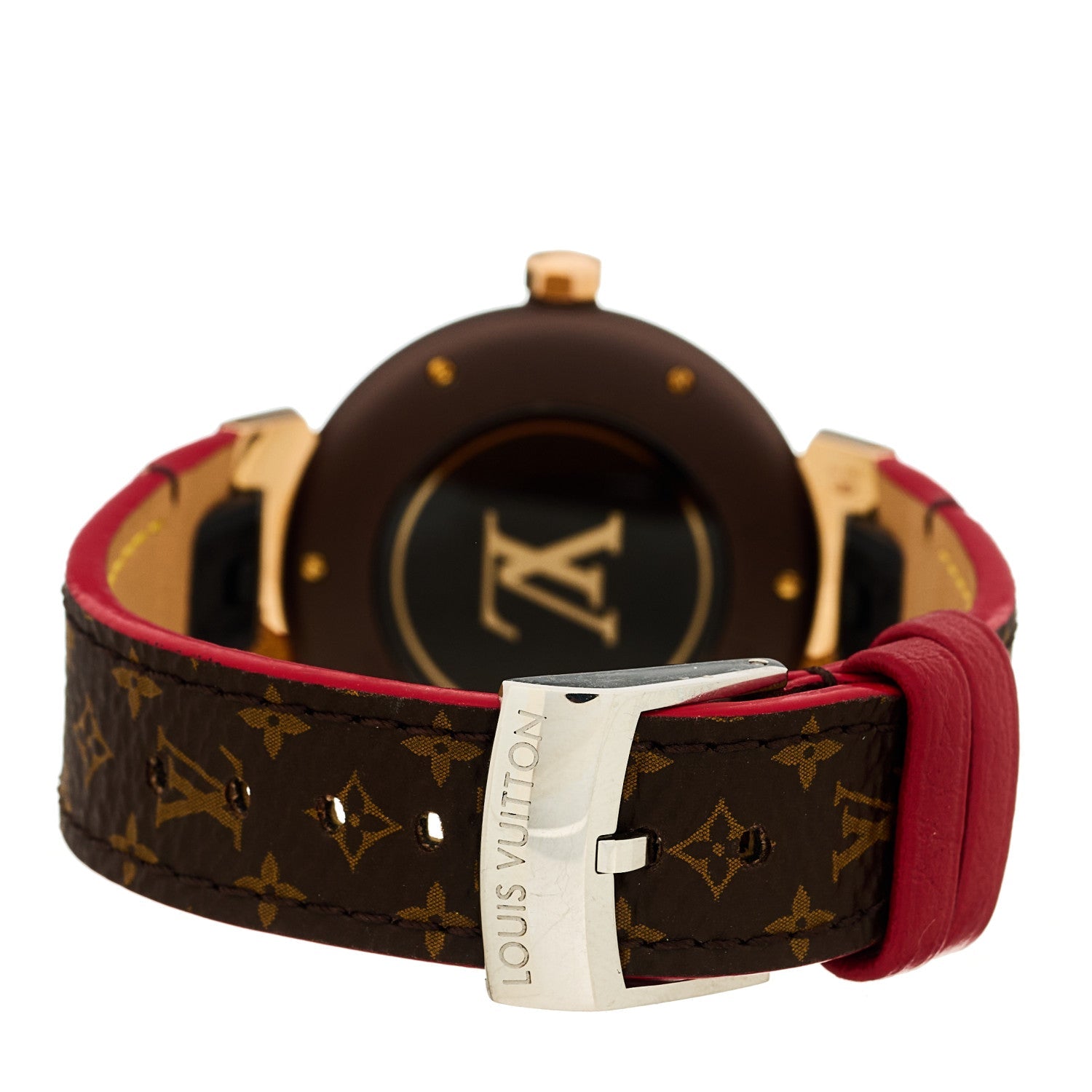 Stainless Steel 18K Rose Gold Monogram 34mm Tambour Quartz Watch Brown