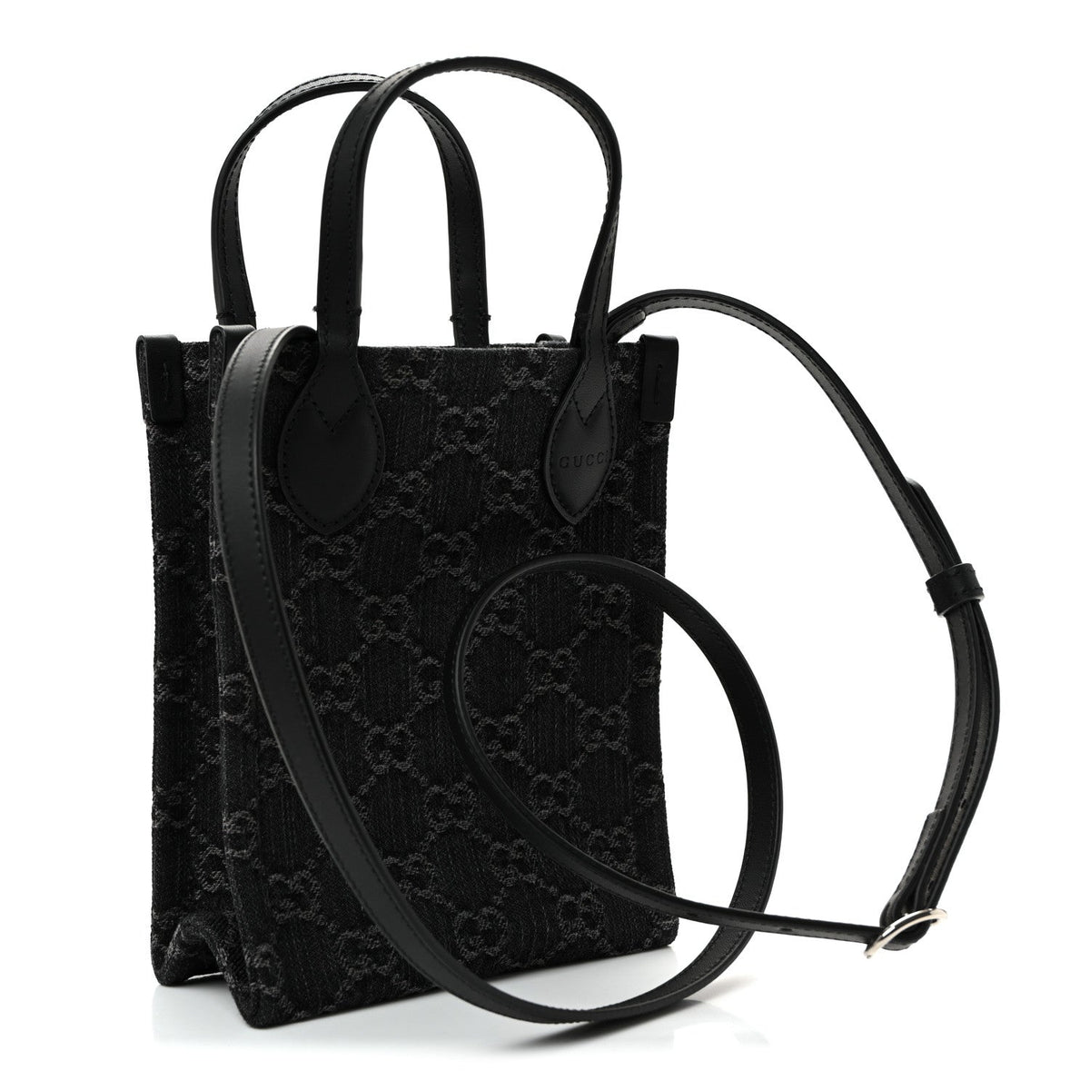 Denim Cuoio Harness GG Monogram Mini Ophidia Tote Bag Black Medium Grey