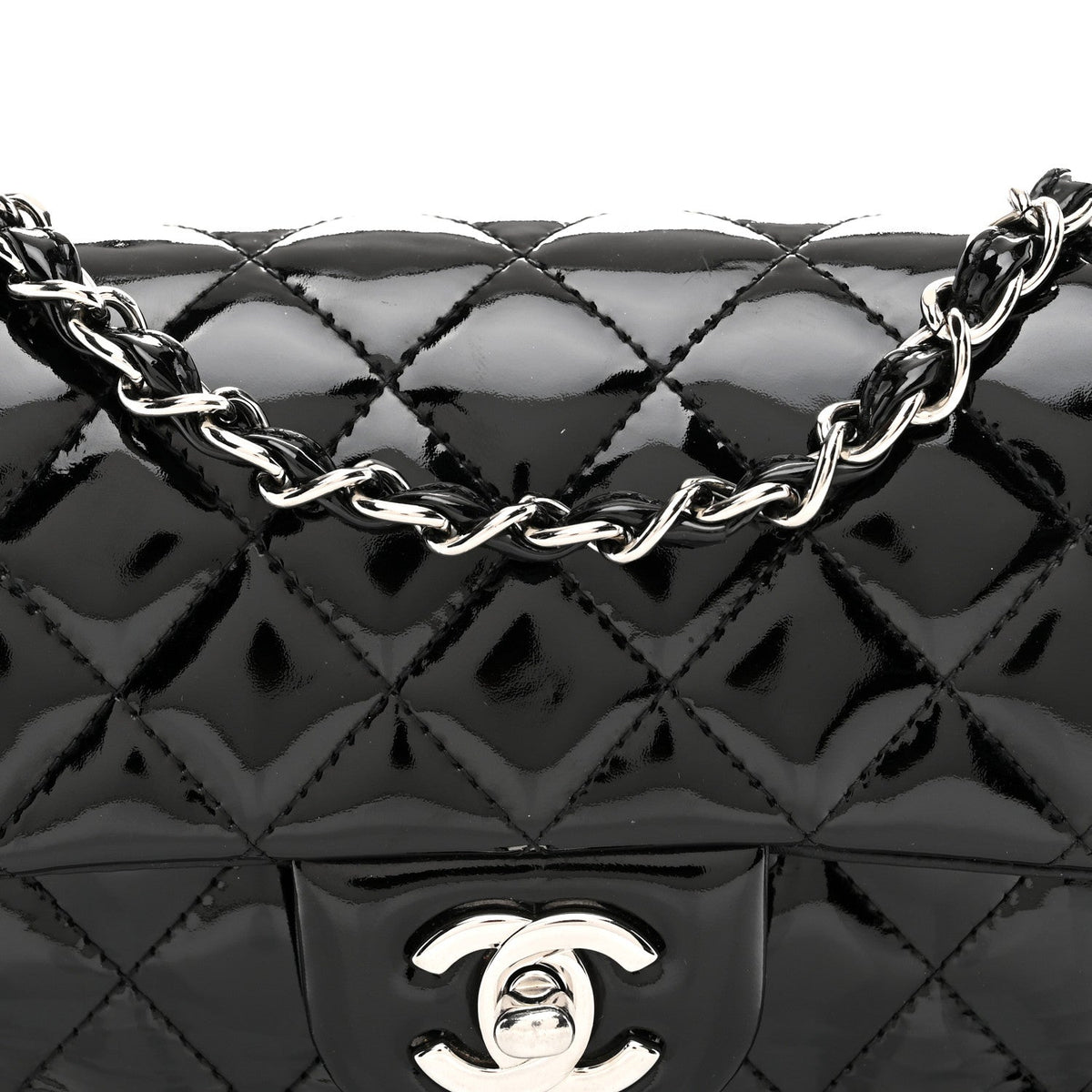 Patent Calfskin Quilted Mini Rectangular Flap Black
