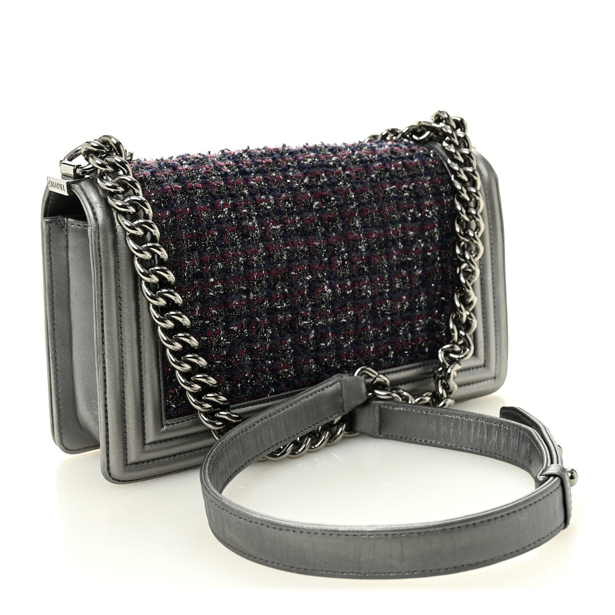 Tweed Metallic Lambskin Medium Boy Flap Silver