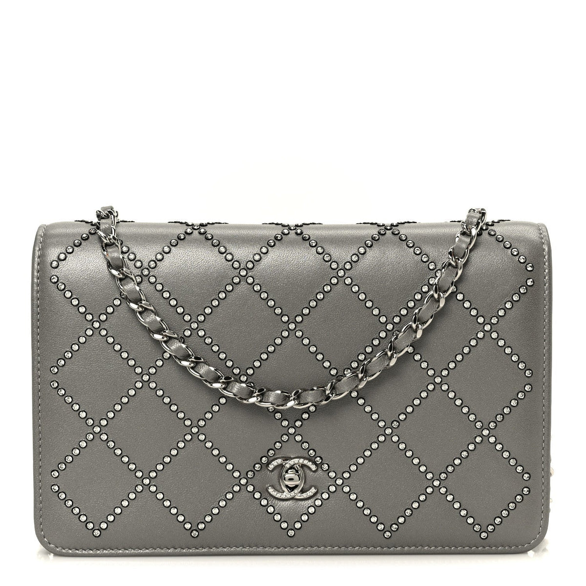 Lambskin Crystal Quilted Wallet On Chain WOC Grey