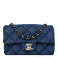 Printed Denim Quilted Mini Rectangular Flap Dark Blue