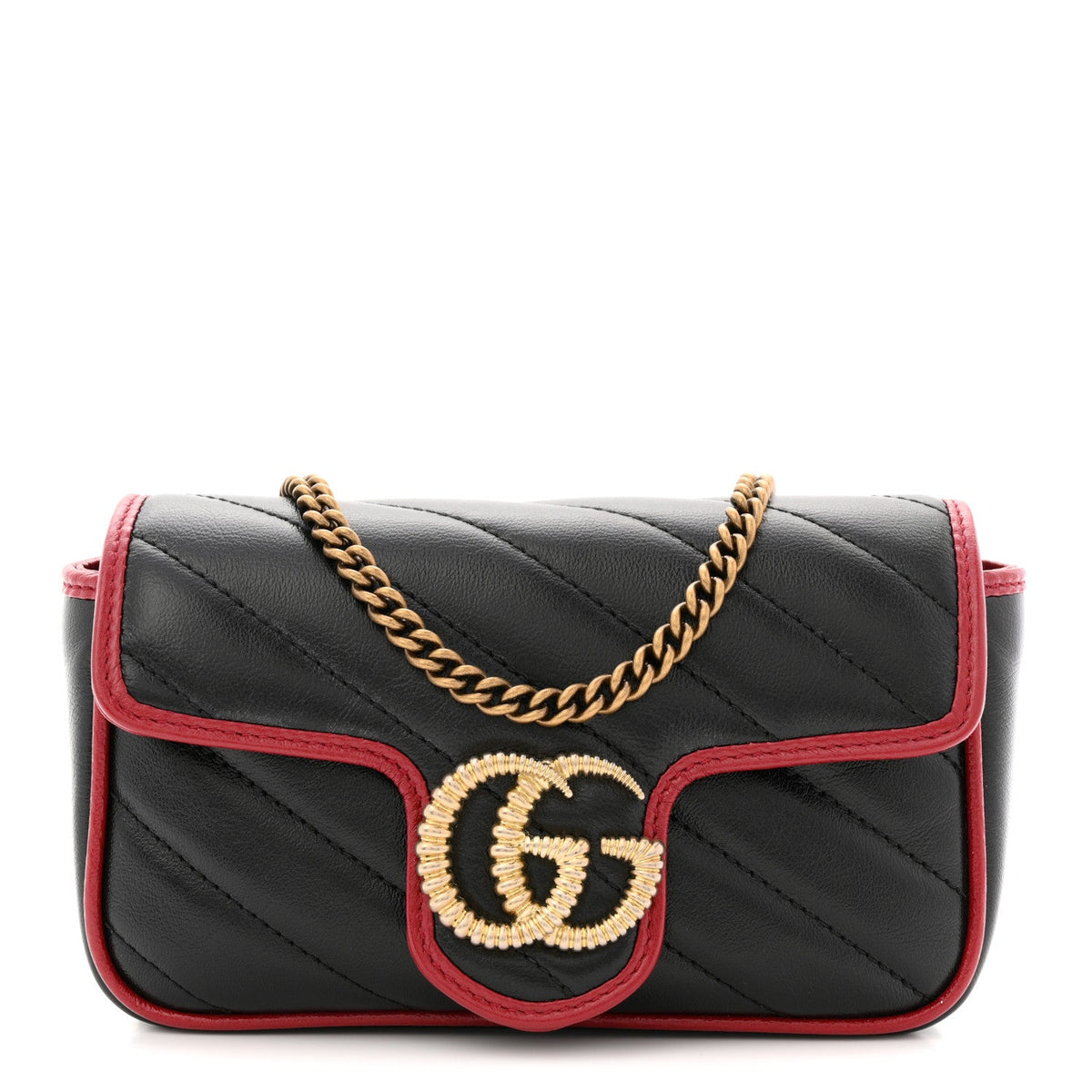 Vintage Effect Calfskin Matelasse Diagonal Super Mini Torchon GG Marmont Shoulder Bag Black Romantic Cherry