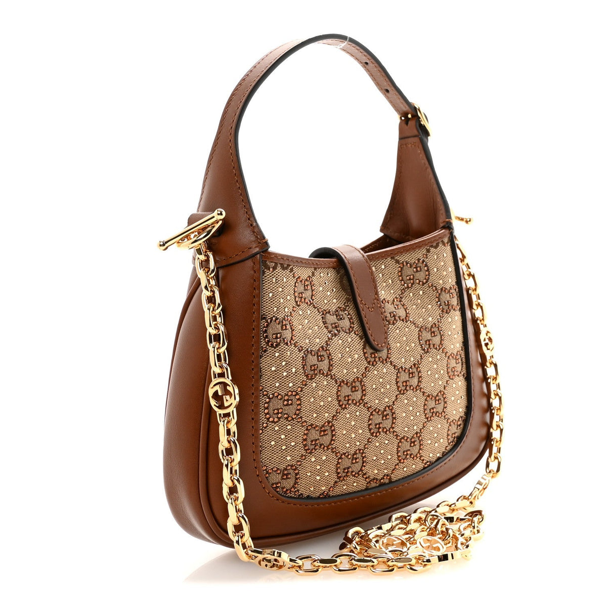 New Canvas Charisma Calfskin Crystal GG Monogram Mini Jackie 1961 Hobo Camel Ebony