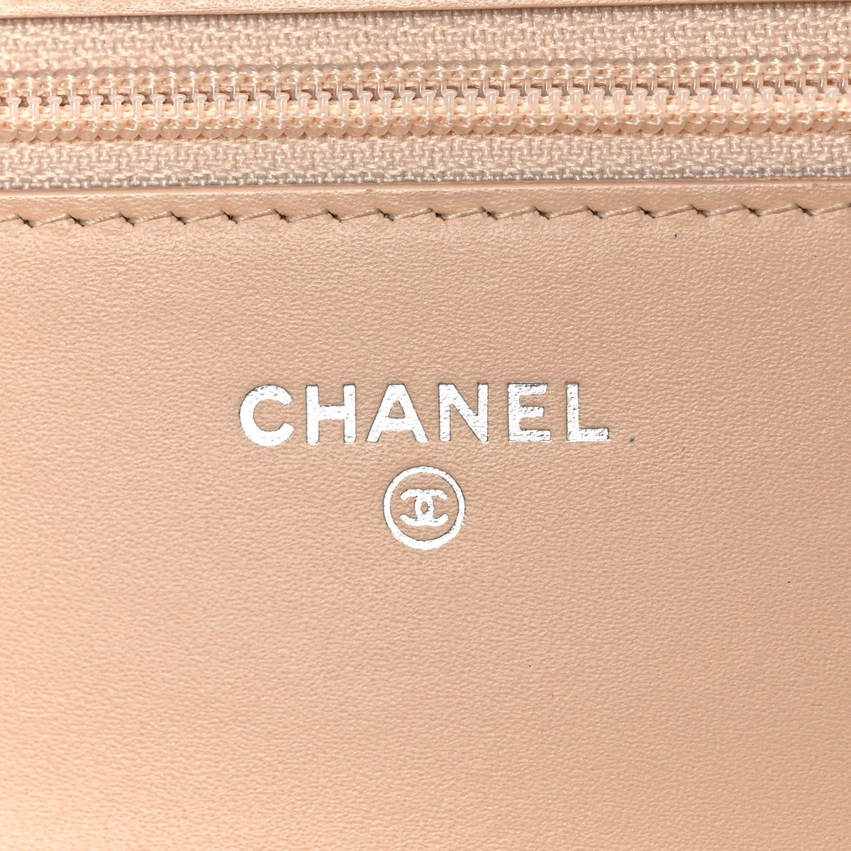 Patent Calfskin Chevron Quilted Wallet On Chain WOC Beige