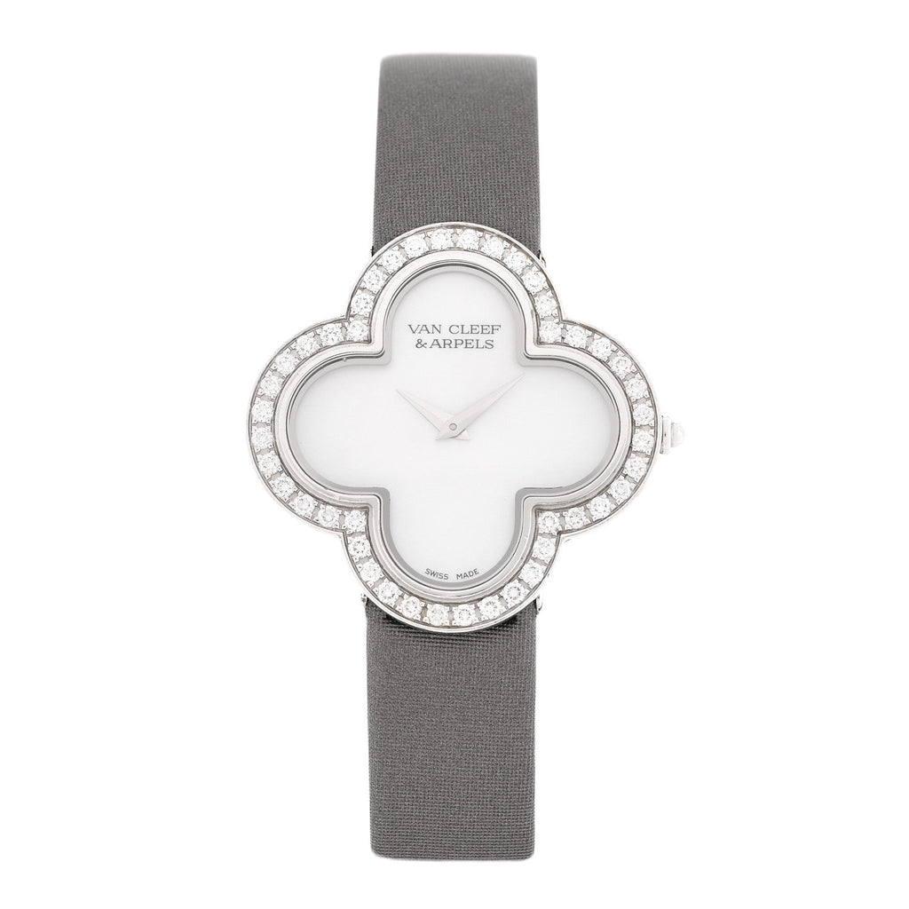 18K White Gold Satin Diamond Bezel Mother of Pearl 30mm Alhambra Quartz Watch
