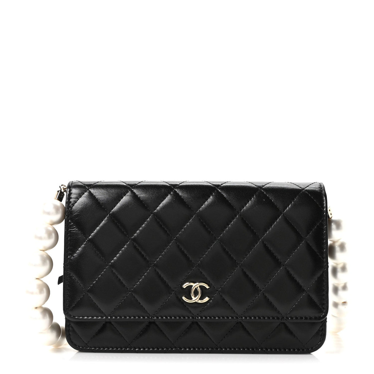 Calfskin Quilted Maxi Pearl Wallet On Chain WOC Black