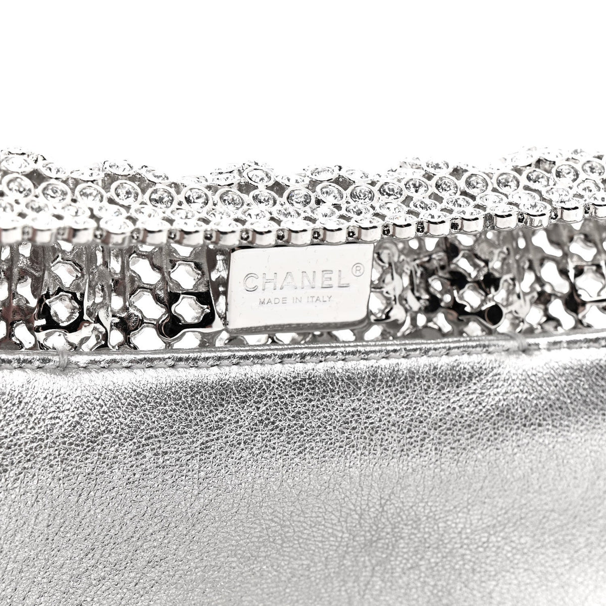 Crystal Embellished Metallic Lambskin Mini Chanel 22 Silver