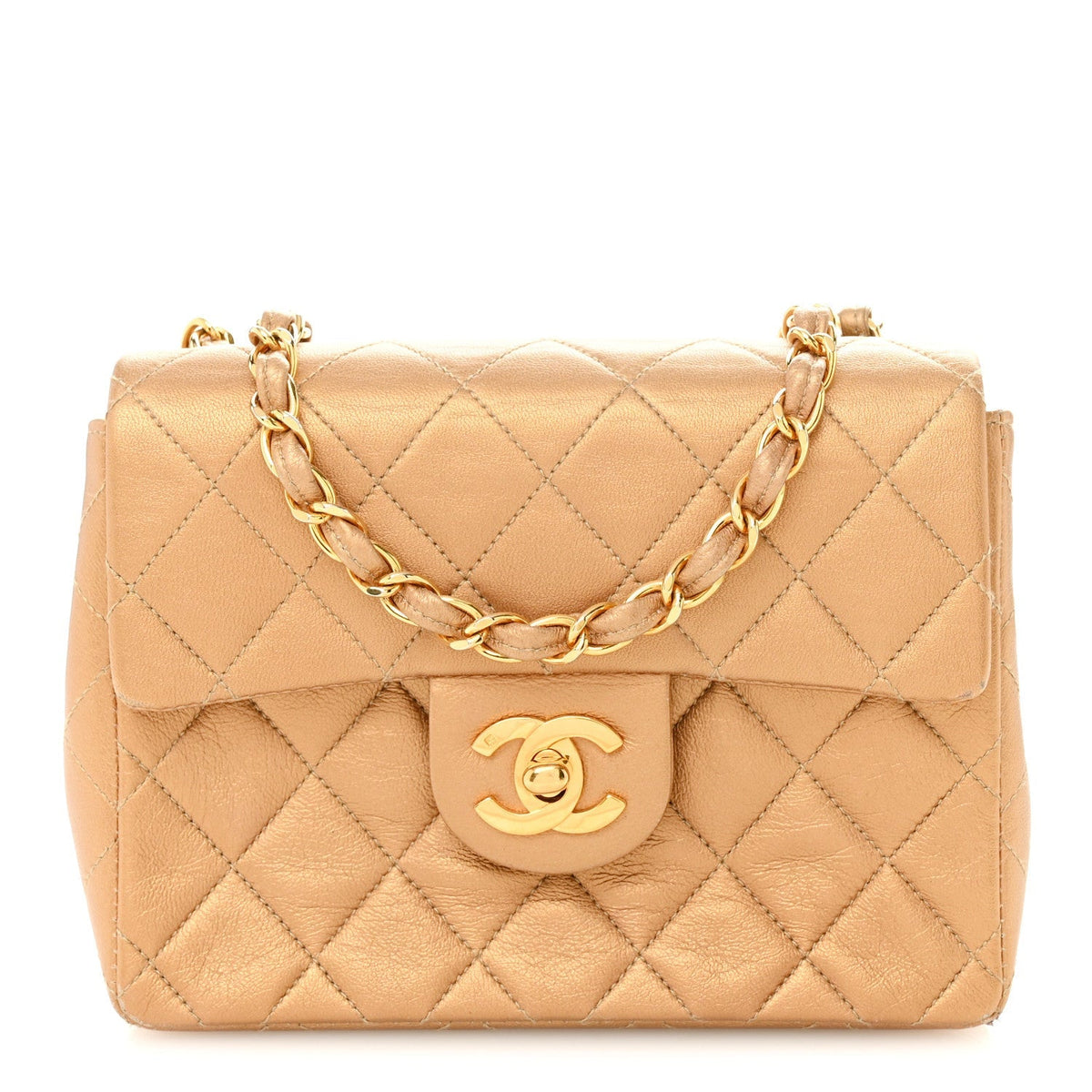 Metallic Lambskin Quilted Mini Square Flap Bronze