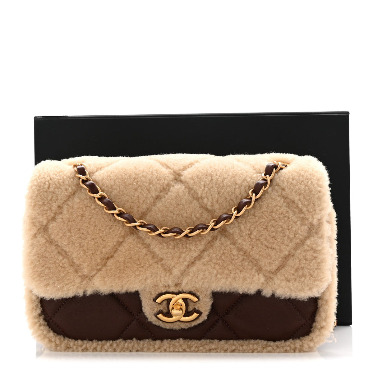 Shearling Lambskin Quilted Furry Coco Flap Dark Brown Beige