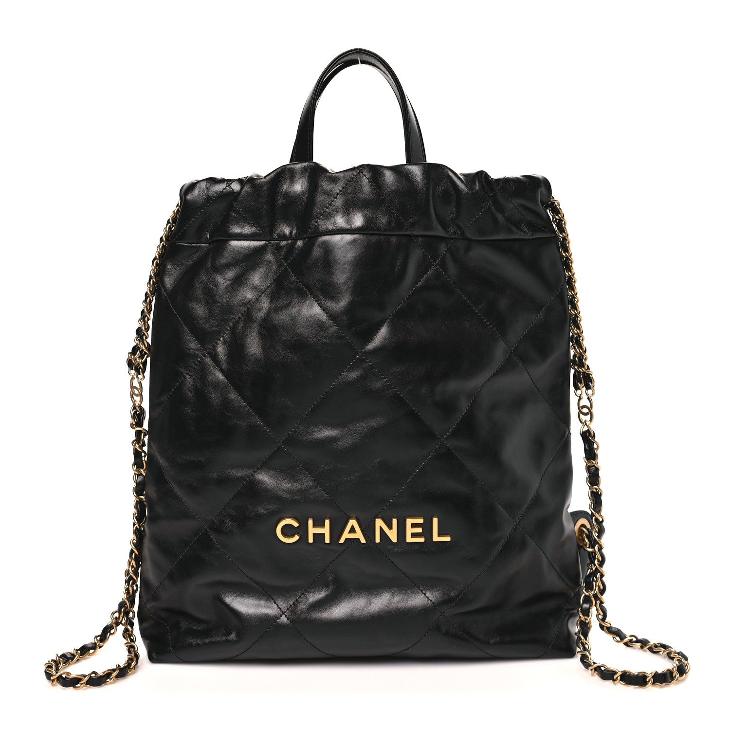 Shiny Calfskin Quilted Chanel 22 Backpack Black