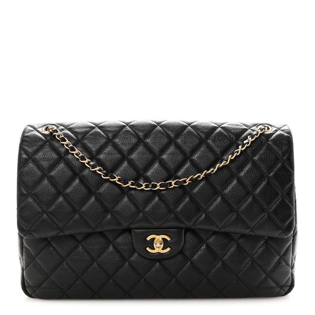 Grained Calfskin Quilted XXL Travel Flap Bag Black