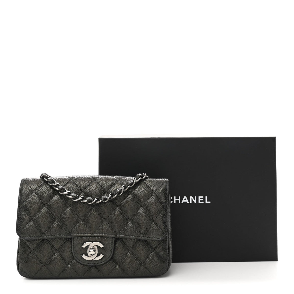 Metallic Caviar Quilted Mini Rectangular Flap Dark Grey