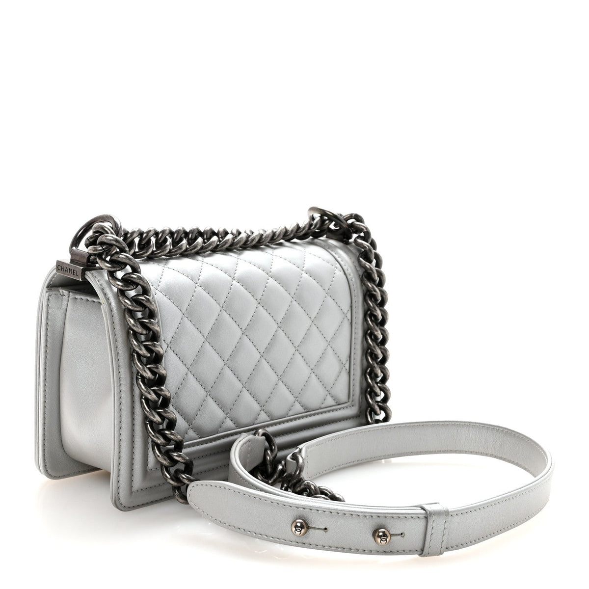 Metallic Calfskin Quilted Small Boy Flap Silver